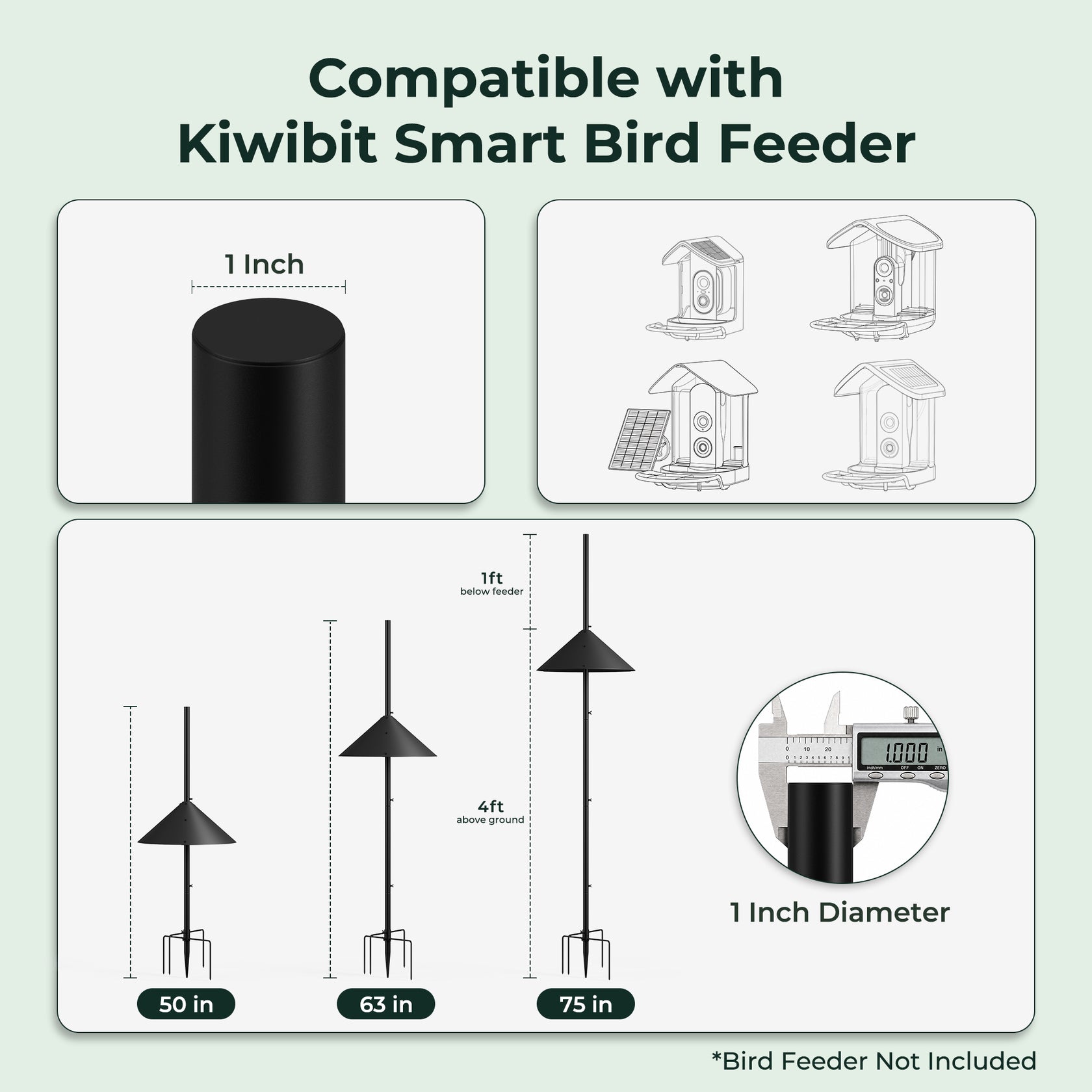 Kiwibit 75 Inch Smart Bird Feeder Pole with Squirrel Proof Baffle
