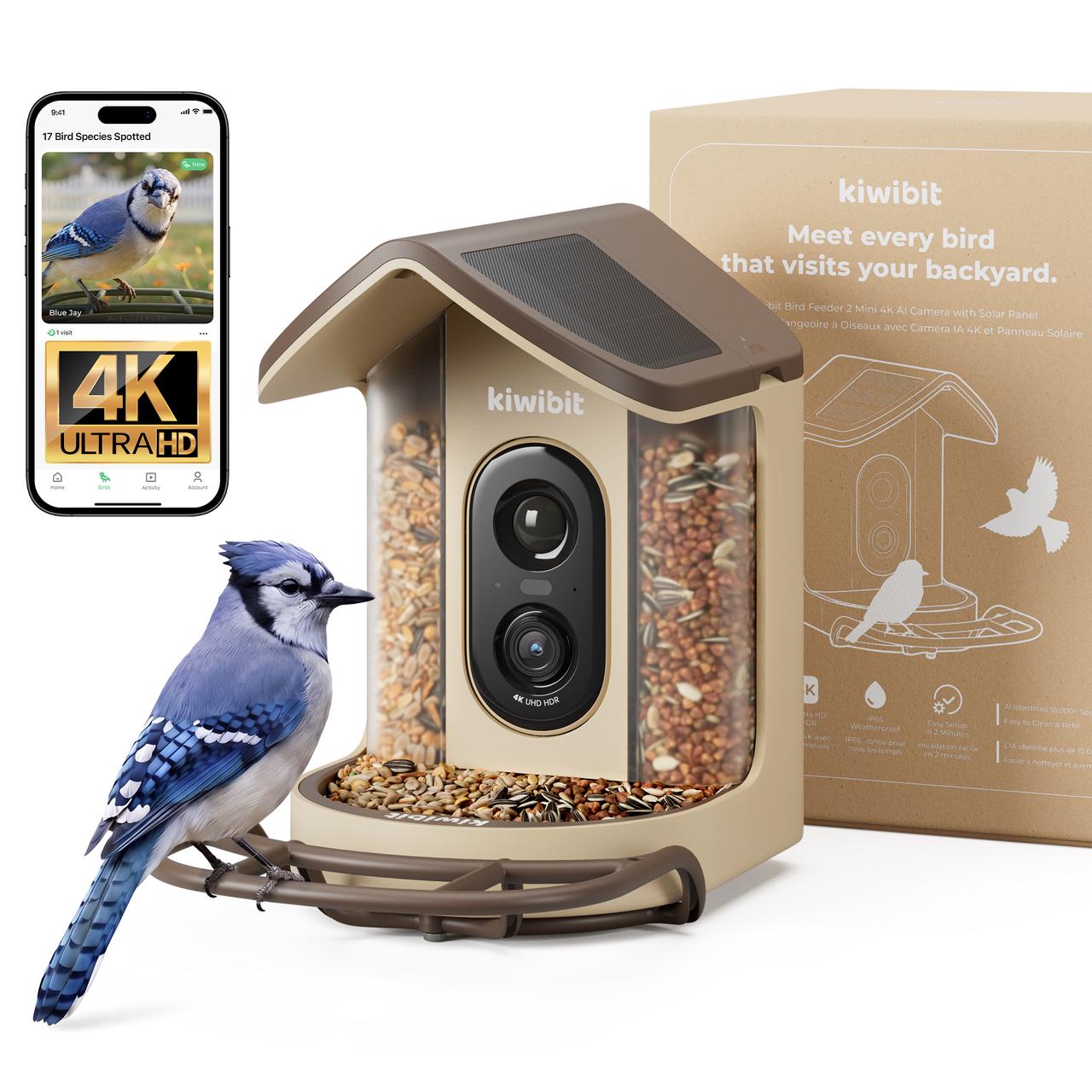 Kiwibit Bird Feeder 2 Mini 4K AI Camera with Solar Panel (Brown)