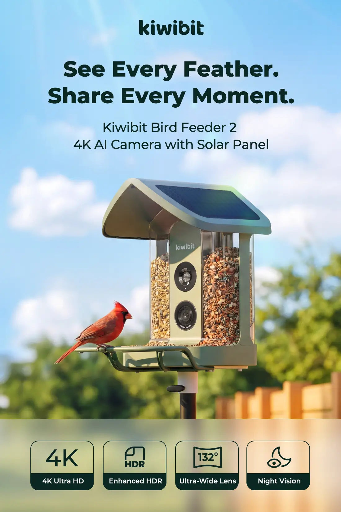 Kiwibit Solar Powered 4K Bird Feeder with Camera