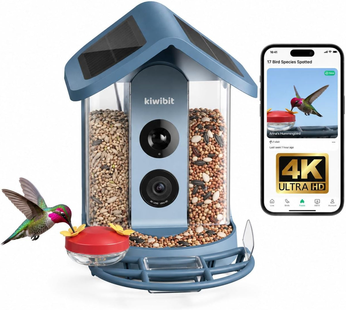 Kiwibit Bird Feeder 2 4K AI Camera with Hummingbird Feeder Kit (Blue)