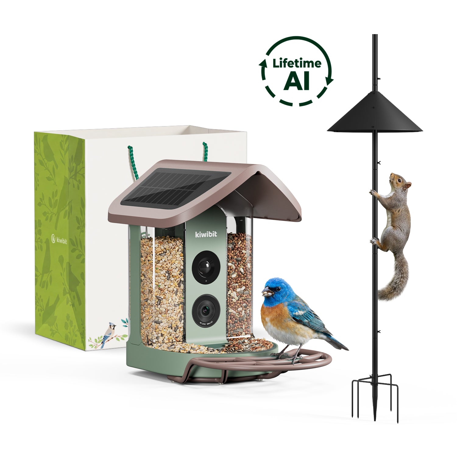 Kiwibit Bird Feeder 2 (Lifetime AI Included) with Pole & Squirrel Baffle Kit and Gift Packaging Kit