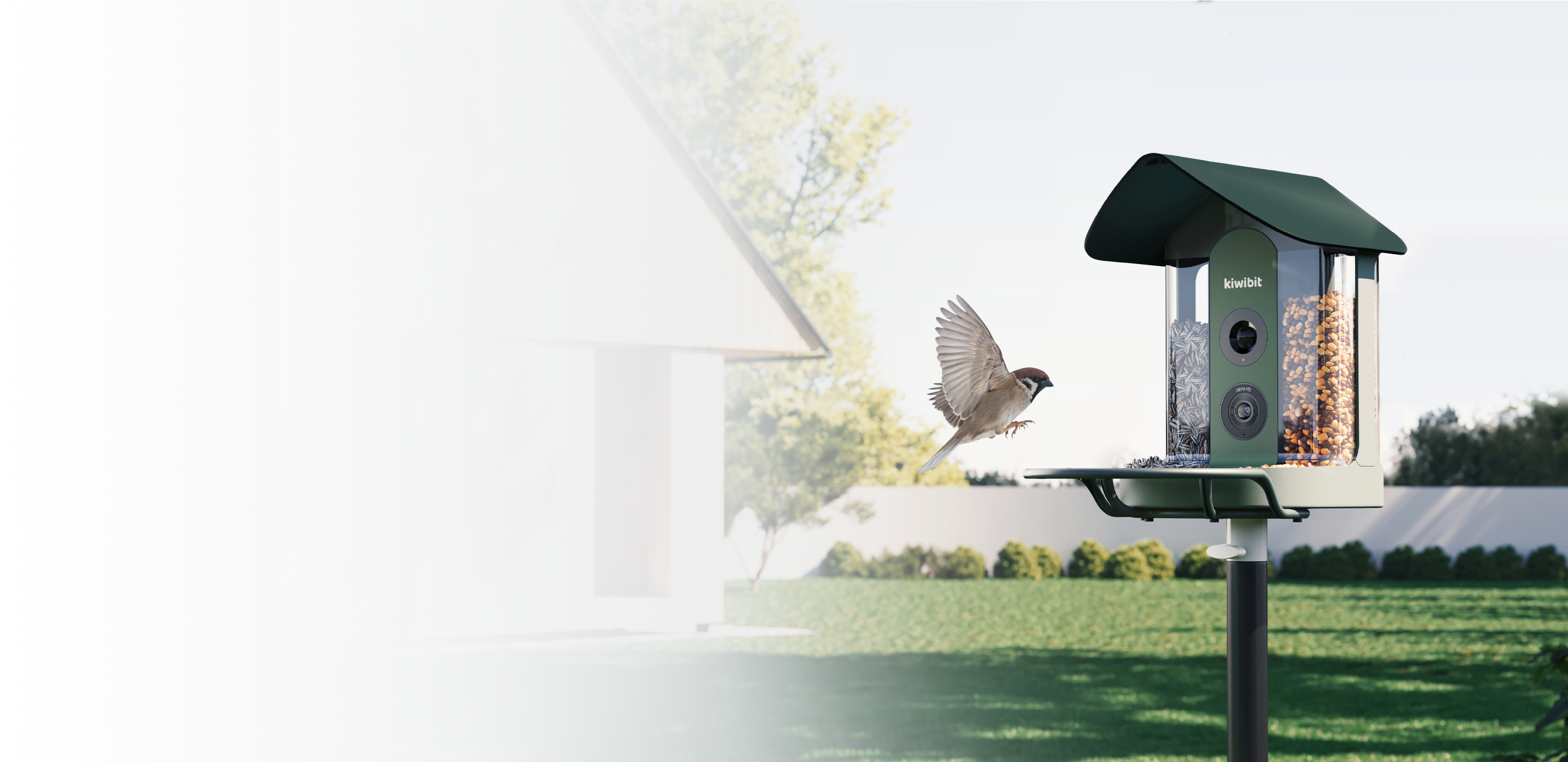 Kiwibit Beako smart bird feeder with a camera and seed compartments.