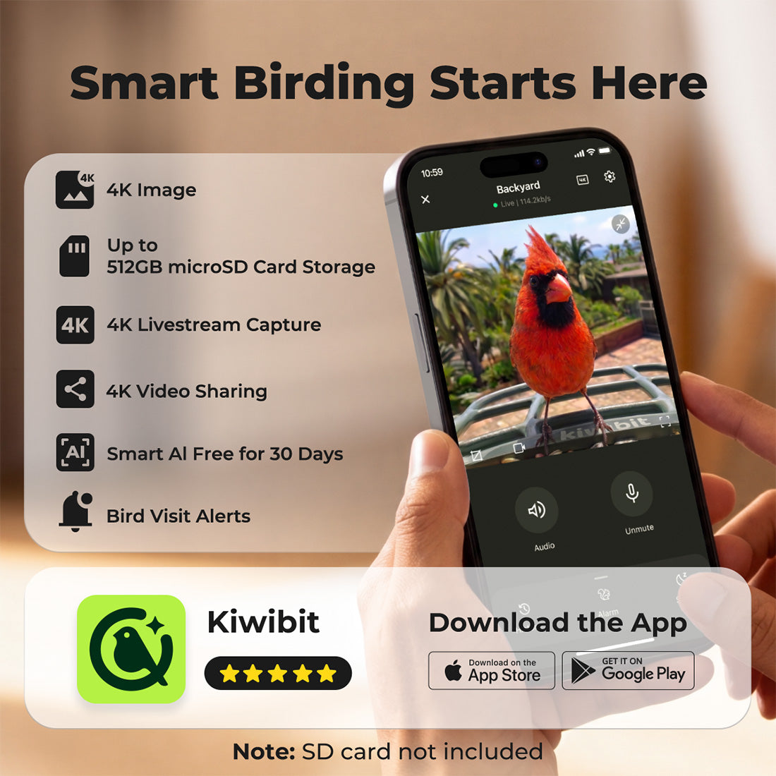 Kiwibit Bird Feeder 2 Pro 4K AI Camera with Solar Panel (Lifetime AI Included) - Early Bird