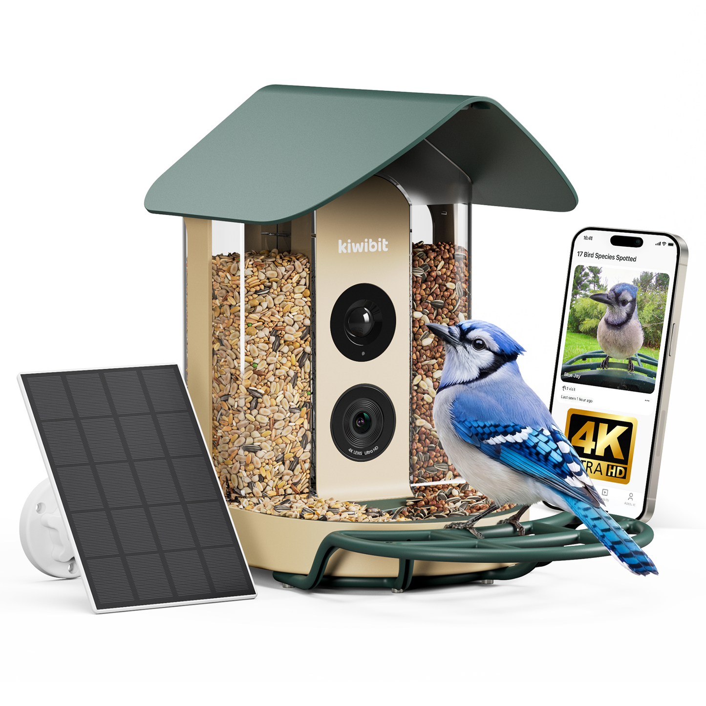 Kiwibit Bird Feeder 4K AI Camera Solar Panel Kit + Free 2K Wired Security Camera