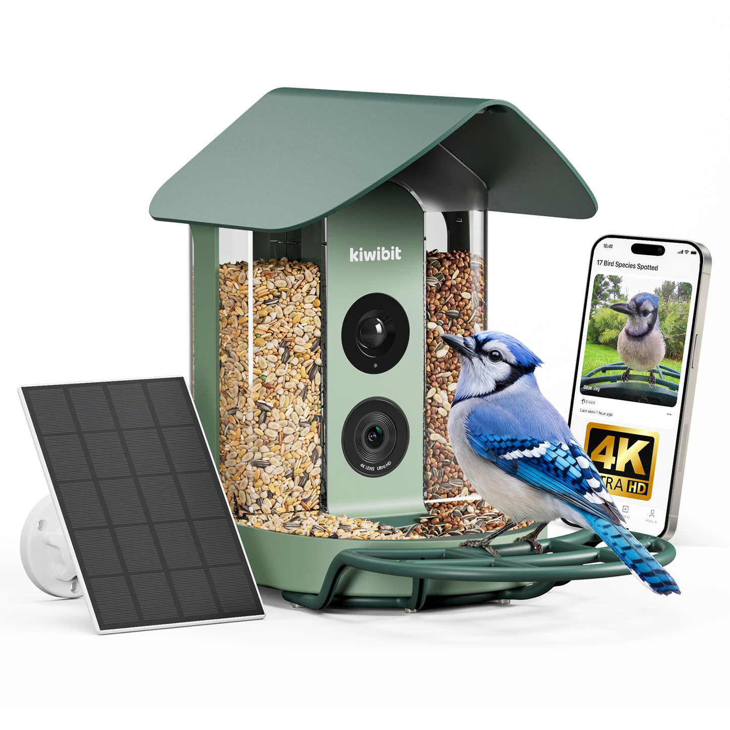 Kiwibit Bird Feeder 4K AI Camera Solar Panel Kit + Free 2K Wired Security Camera