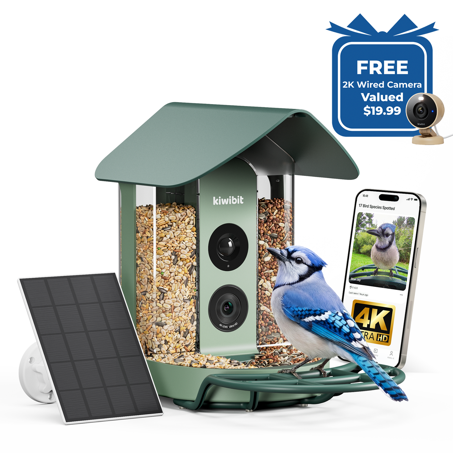 Kiwibit Bird Feeder 4K AI Camera Solar Panel Kit + Free 2K Wired Security Camera