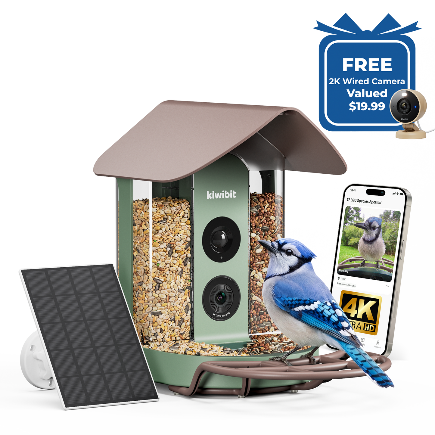 Kiwibit Bird Feeder 4K AI Camera Solar Panel Kit + Free 2K Wired Security Camera