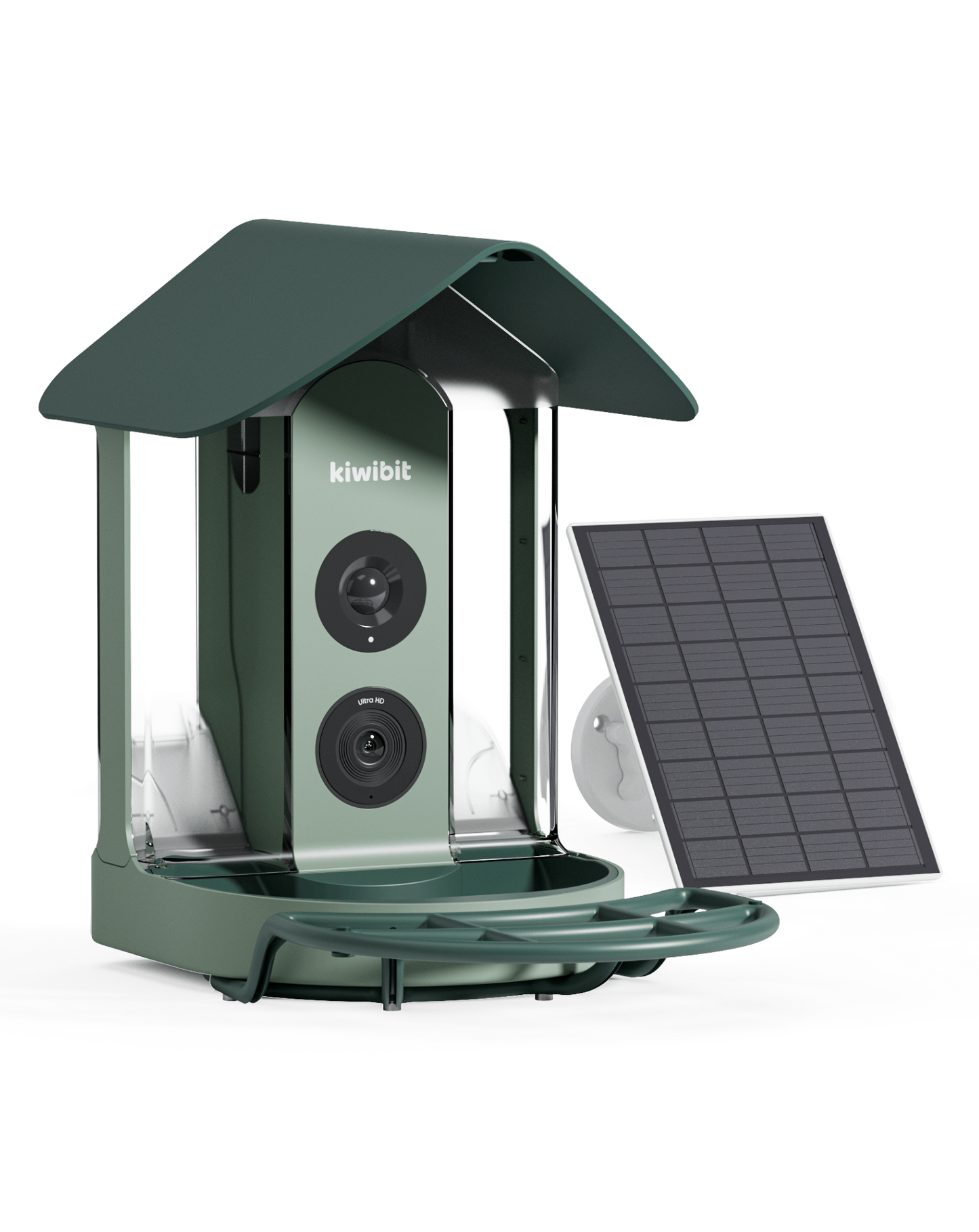 Close-up of Beako smart bird feeder with camera lens and external solar panel for continuous power.