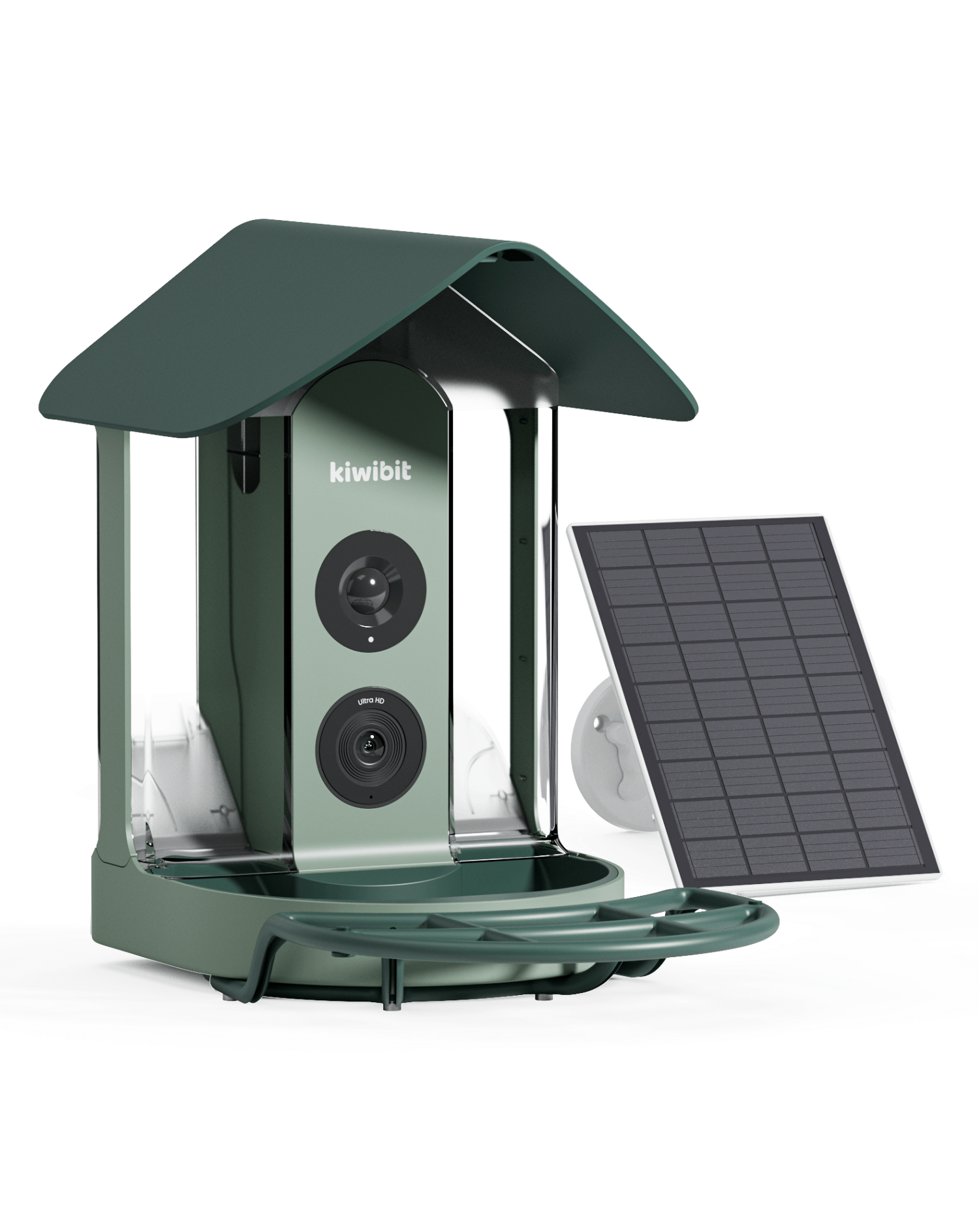 Close-up of Beako smart bird feeder with camera lens and external solar panel for continuous power.