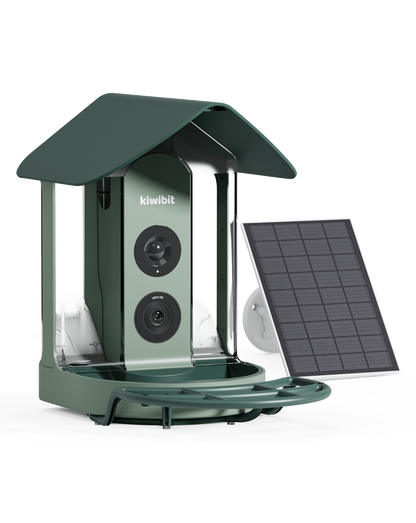 Close-up of Beako smart bird feeder with camera lens and external solar panel for continuous power.