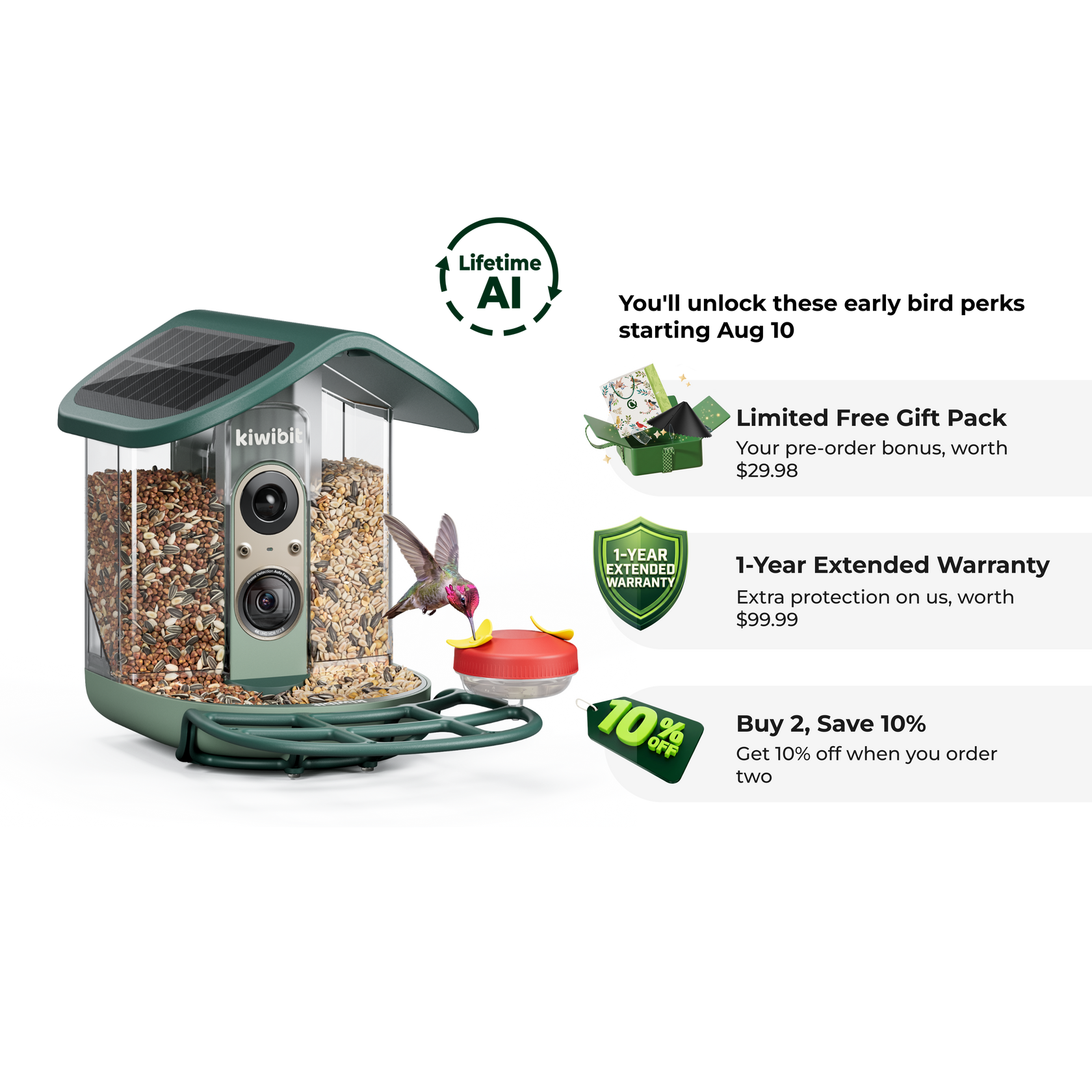 Kiwibit Bird Feeder 2 Pro 4K AI Camera with Solar Panel (Lifetime AI Included) - Early Bird