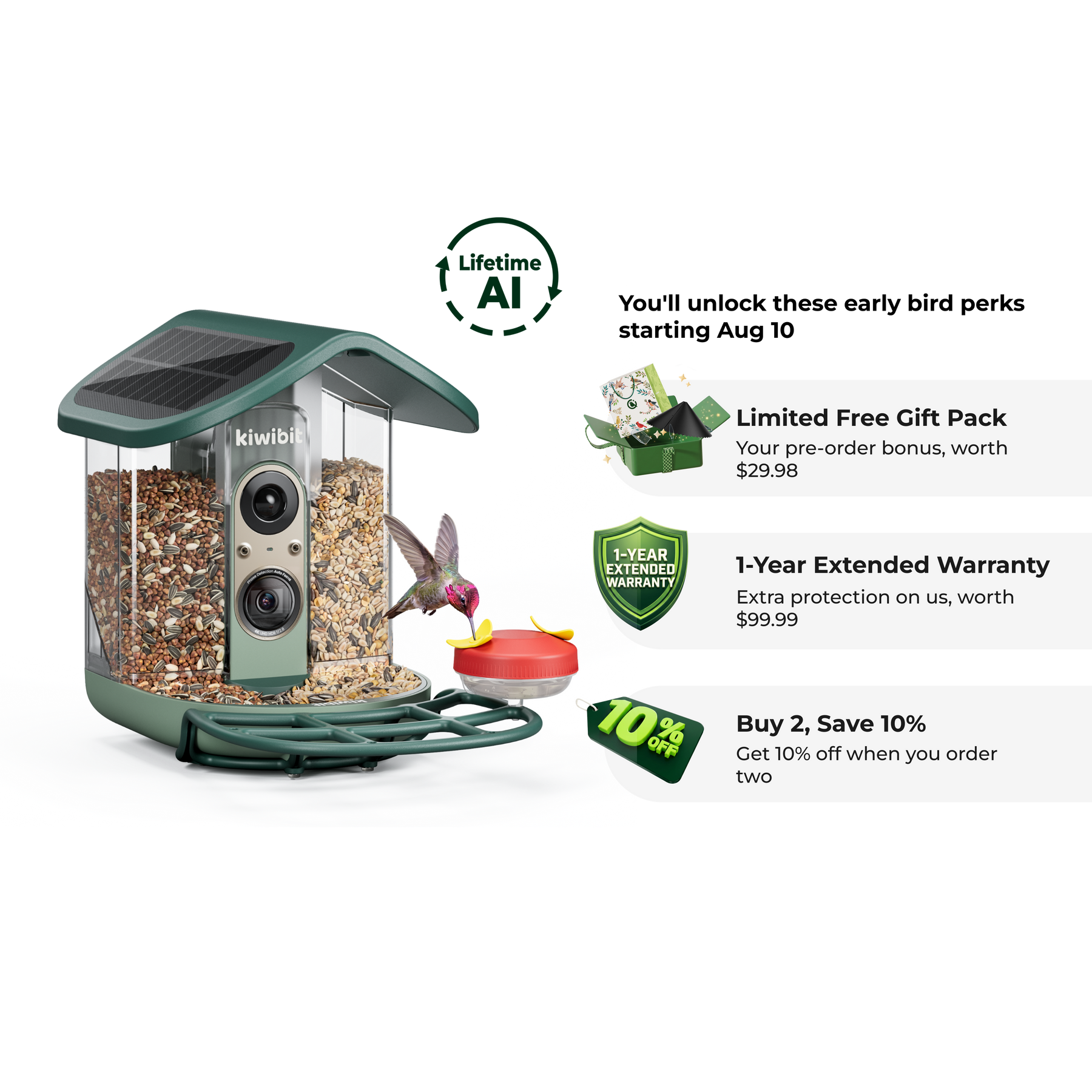 Kiwibit Bird Feeder 2 Pro 4K AI Camera with Solar Panel (Lifetime AI Included) - Early Bird