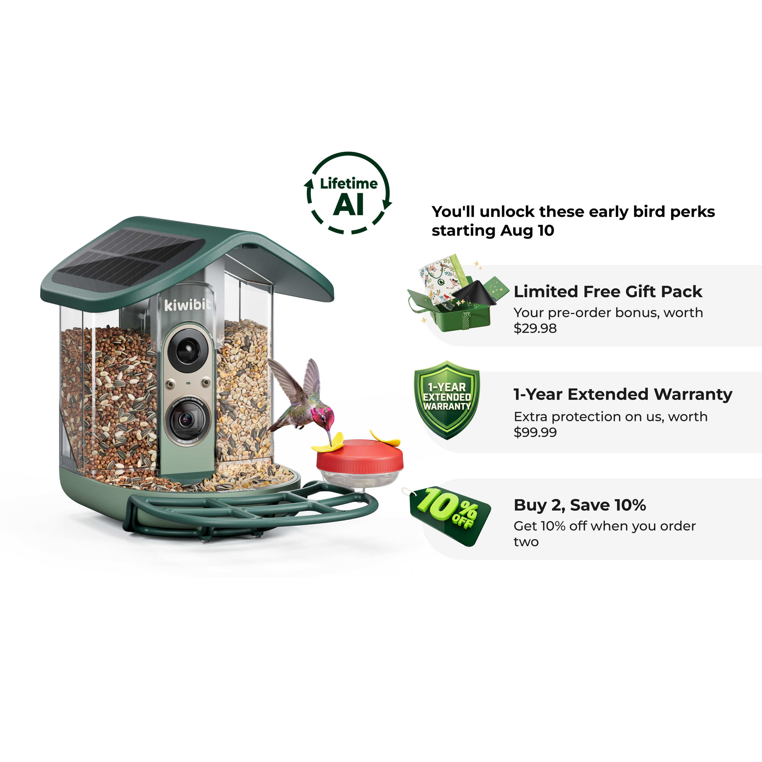 Kiwibit Bird Feeder 2 Pro 4K AI Camera with Solar Panel (Lifetime AI Included) - Early Bird
