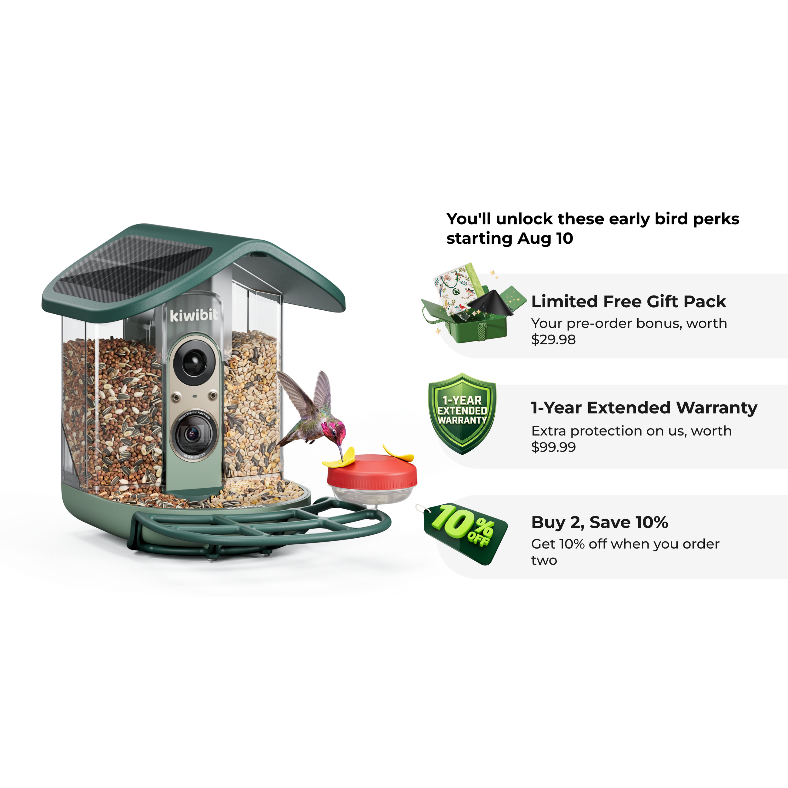 Kiwibit Bird Feeder 2 Pro 4K AI Camera with Solar Panel - Early Bird